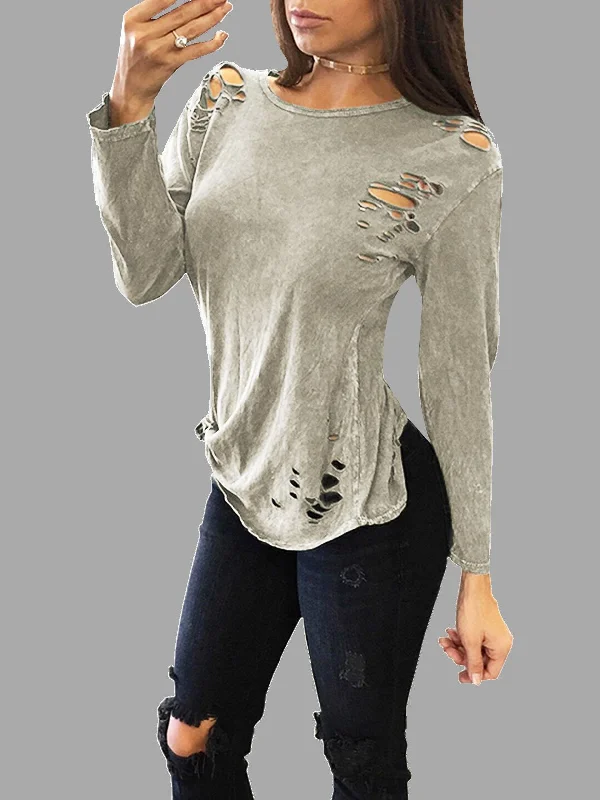 Custom Sexy Round Neck Ripped T-shirt With Long Sleeves