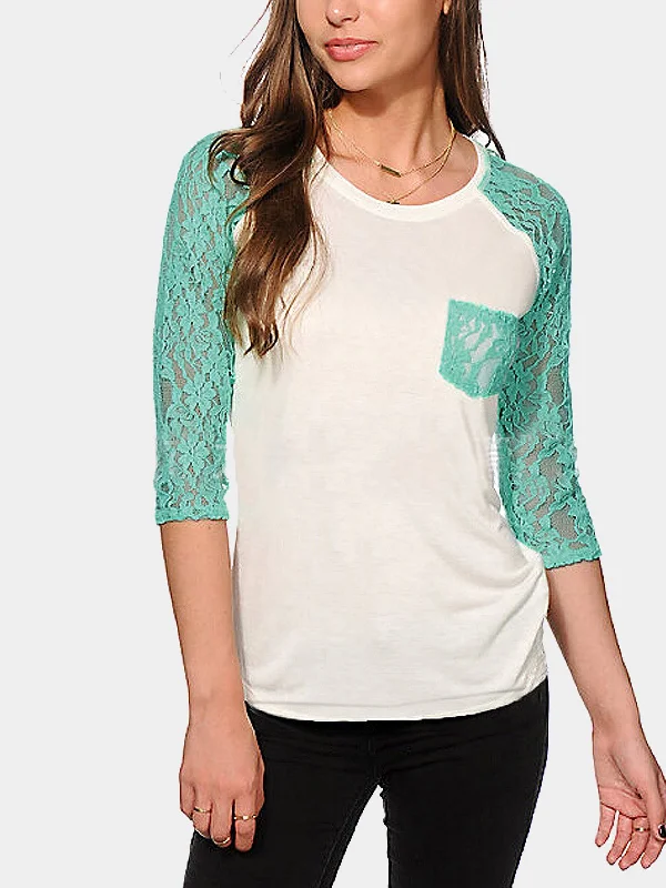 Wholesale Round Neck Lace 3/4 Length Sleeve Green Top