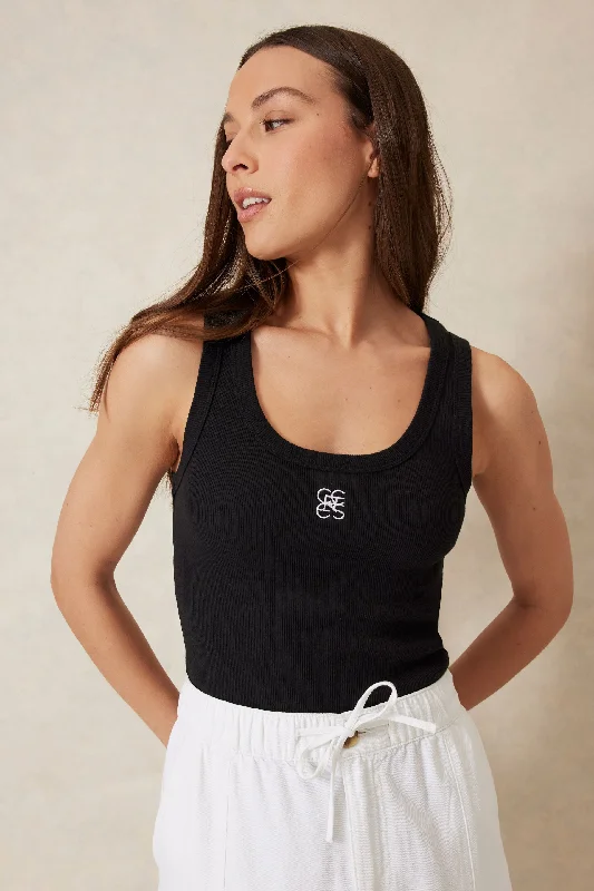 Contour Rib Scoop Tank - Black w/ White Monogram