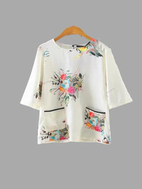 Wholesale Round Neck Floral Print Half Sleeve Slit Hem T-Shirts