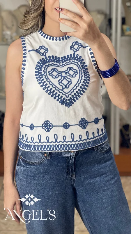 White and Blue Embroidered Top