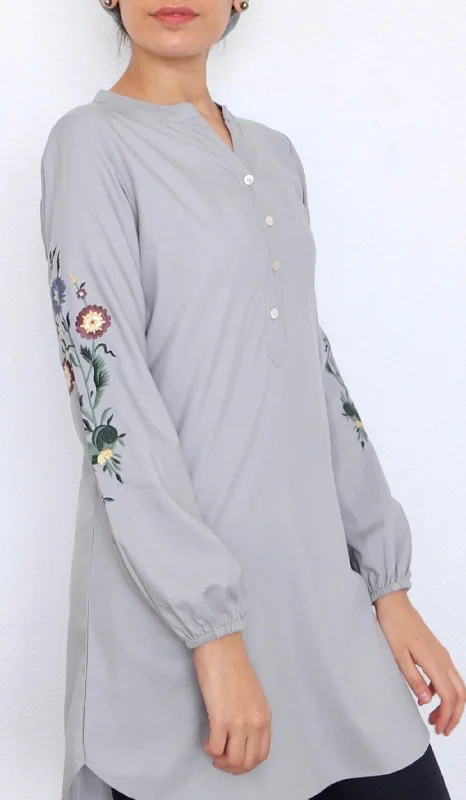 Zafira Embroidered Mostly Cotton Modest Tunic - Pewter