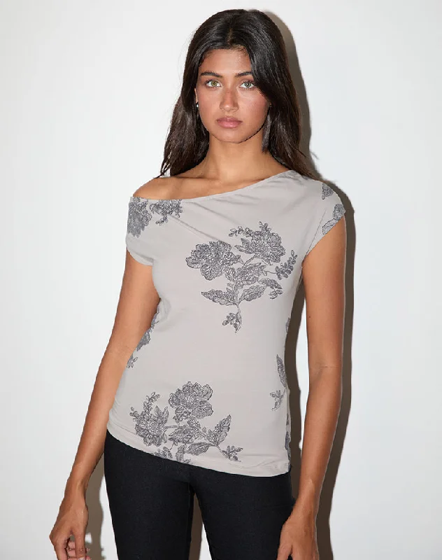 Pyso Asymmetric Top in Lace Flower Grey