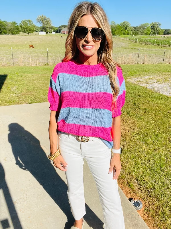 NEON STARS TOP- DENIM/FUCHSIA--FLASH SALE