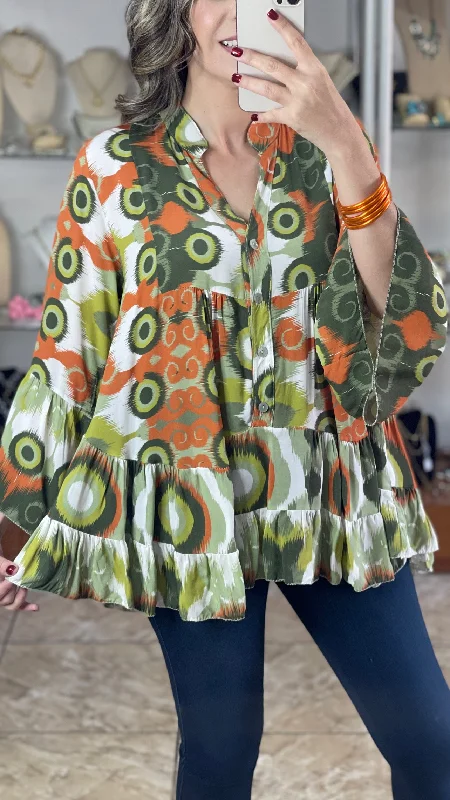 Geometric Green/Orange OS Top