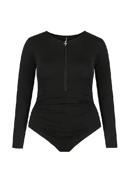 Chlorine Resistant Black Zip Front Long Sleeve One Piece