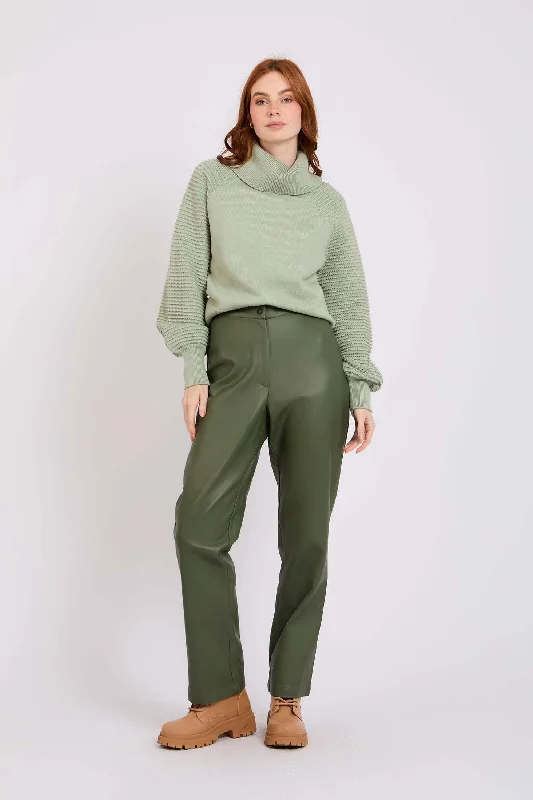 Women Leather Straight Fit Olive Pant