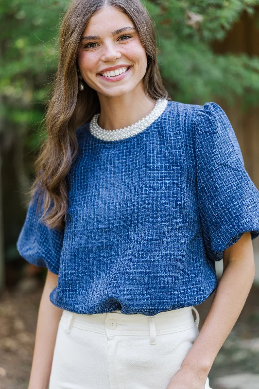 Calling On You Navy Blue Tweed Blouse