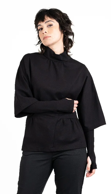 Dolman Sleeve Funnel Neck Knit Top w/Detachable Sleeve cuffs/Black