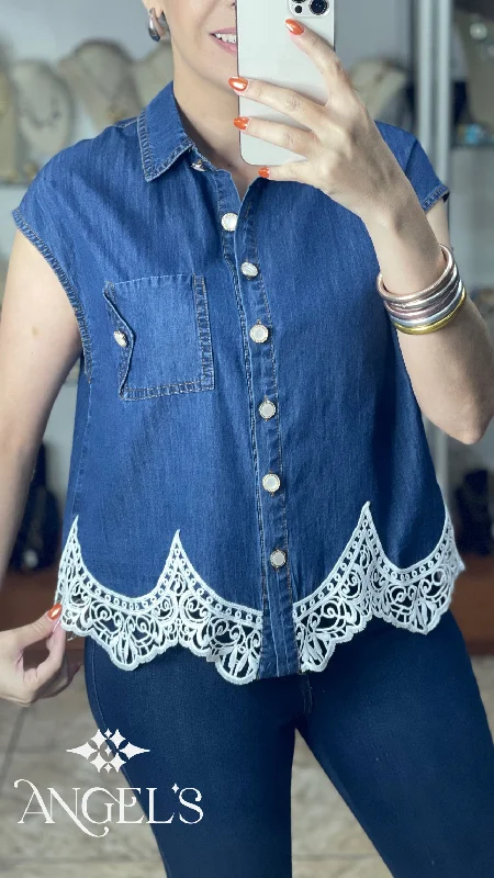 Denim Lace Trim Top