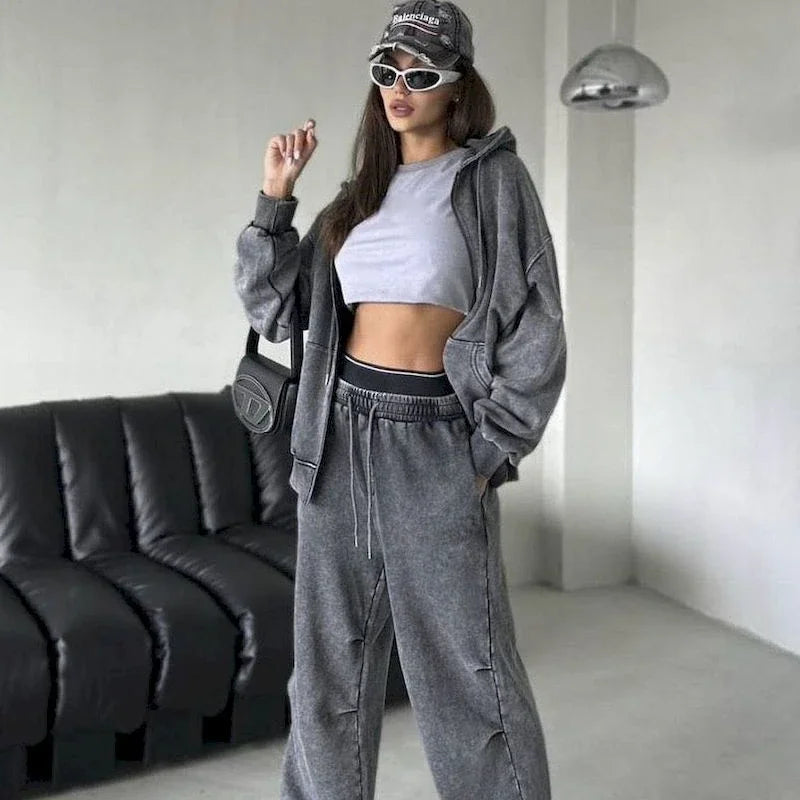 Vintage Distressed Hip-hop Harajuku Zipper Hooded Wide Leg Tracksuit Hoody