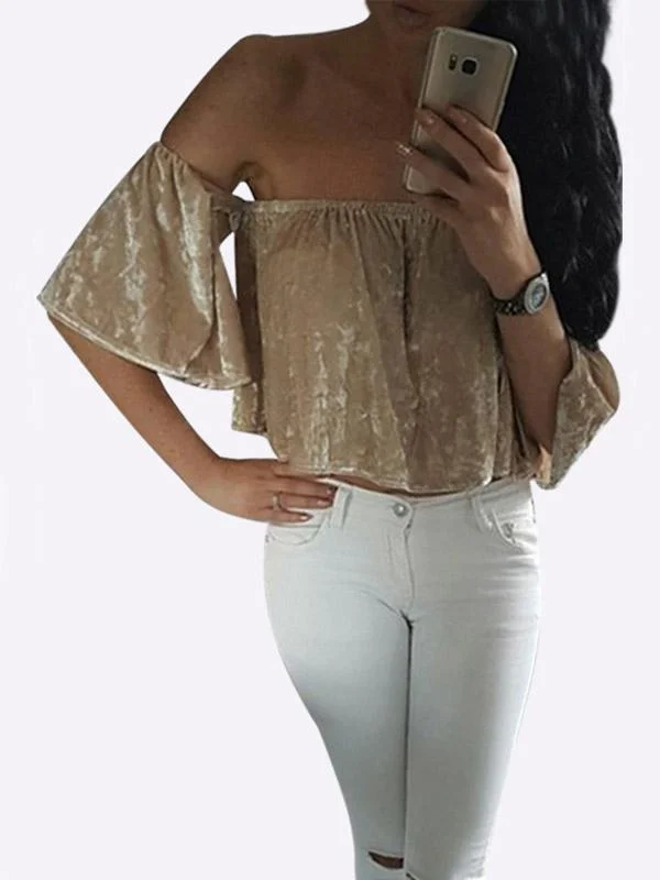 Wholesale Off The Shoulder Pleated Short Sleeve Gold Top