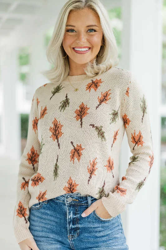 Take A Moment Taupe Leaf Print Sweater