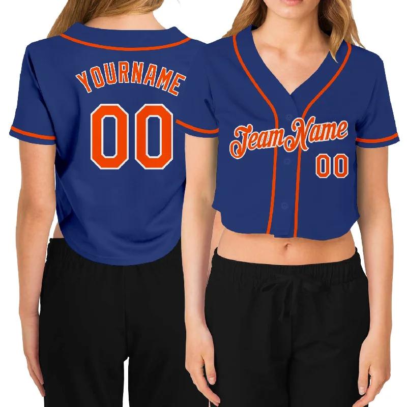 Custom Women's Royal Orange-White V-Neck Cropped Baseball Jersey