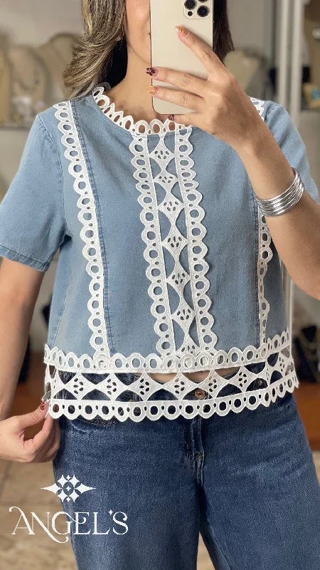 Light Denim and Lace Top