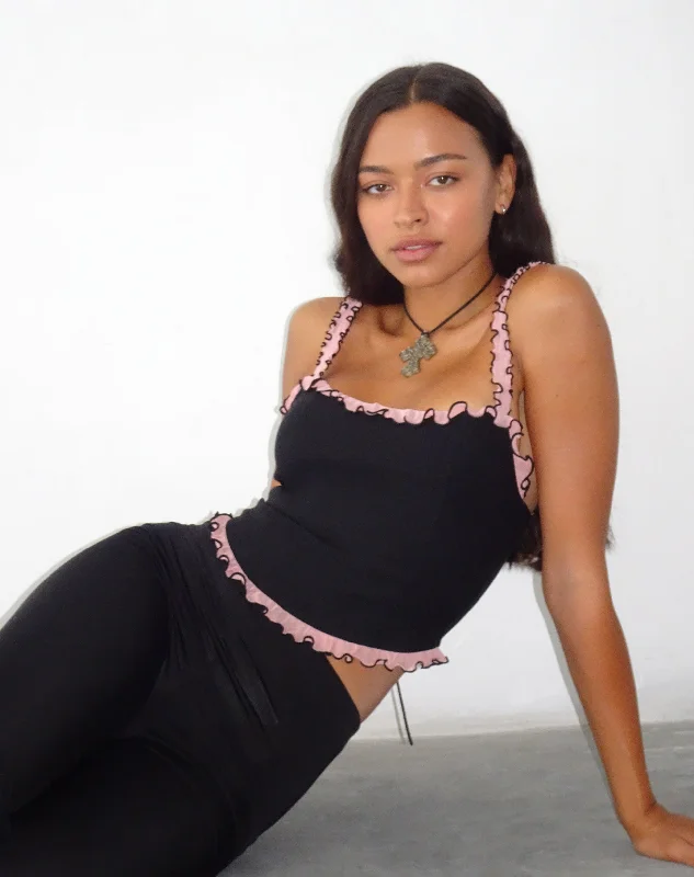 Idalia Corset Top in Black with Pink Mesh Ruffle