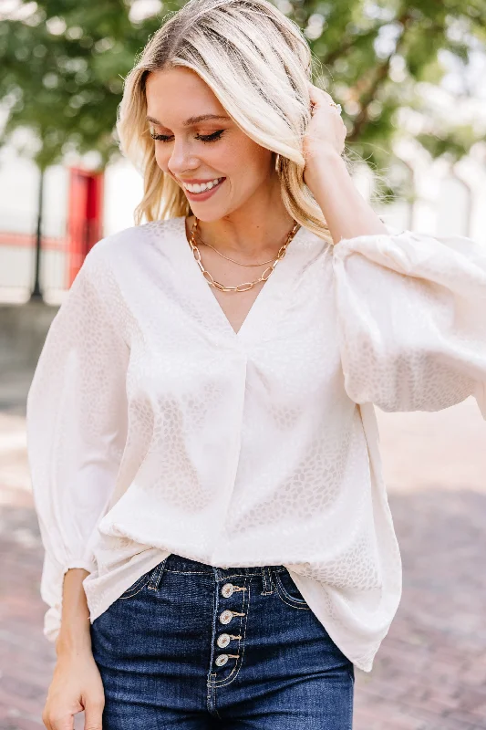 Put On A Show Ivory White Satin Leopard Blouse