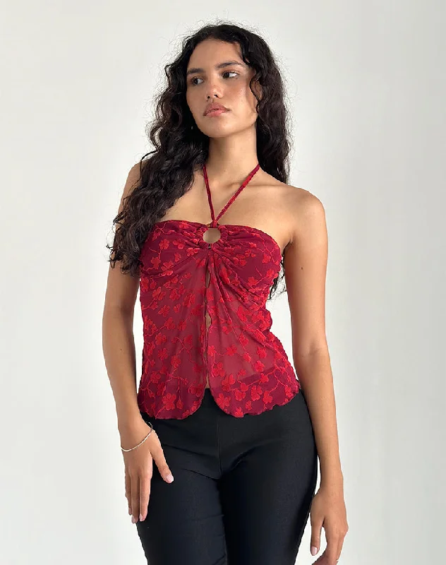 Janar Halterneck Top in Grunge Flower Flock Red