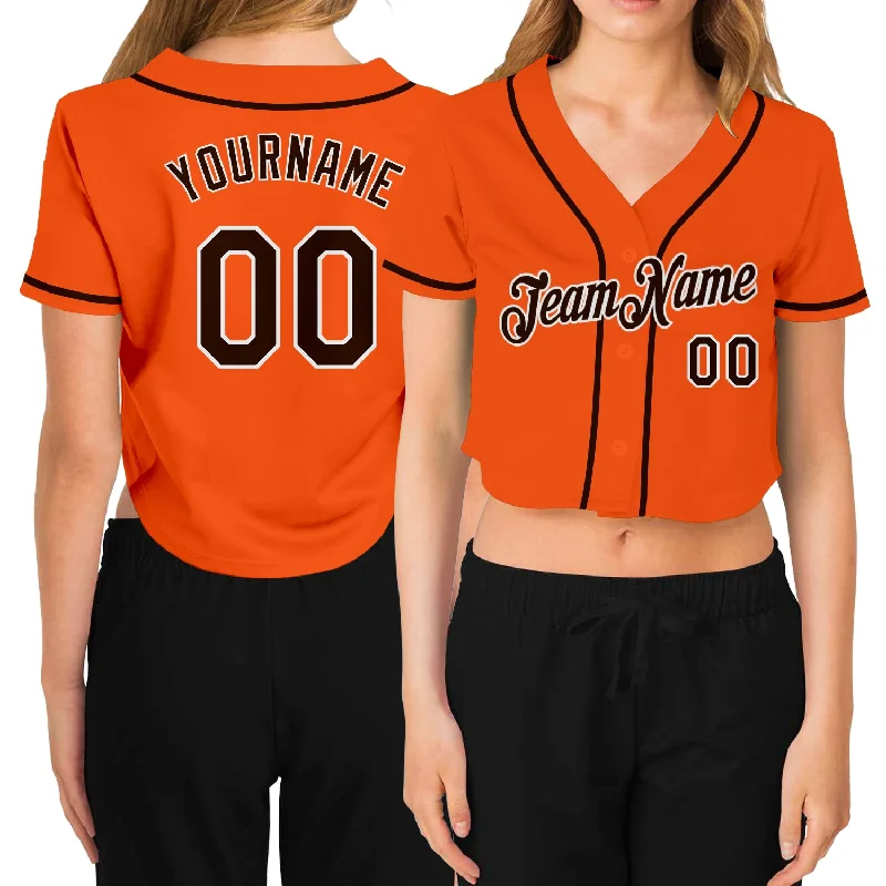 Custom Women's Orange Brown-White V-Neck Cropped Baseball Jersey