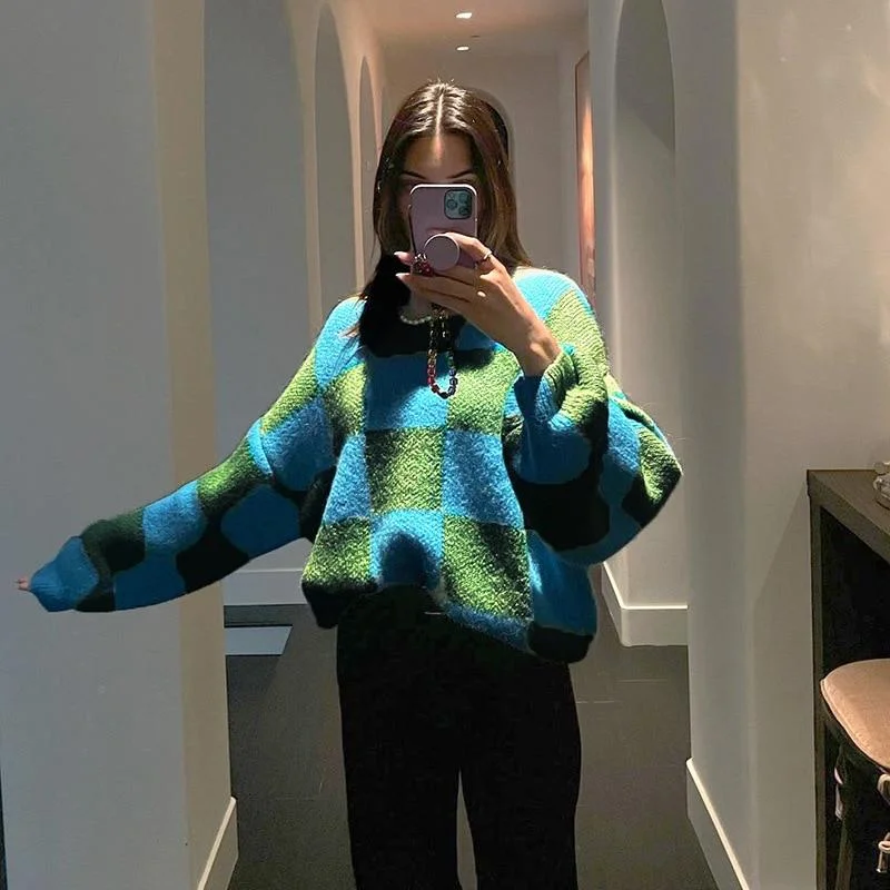 JuliaFashion-Winter Knitted Green Checkered Loose Sweaters