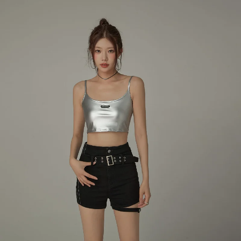 Hot Girl Sleeveless Slim Shiny Crop Top