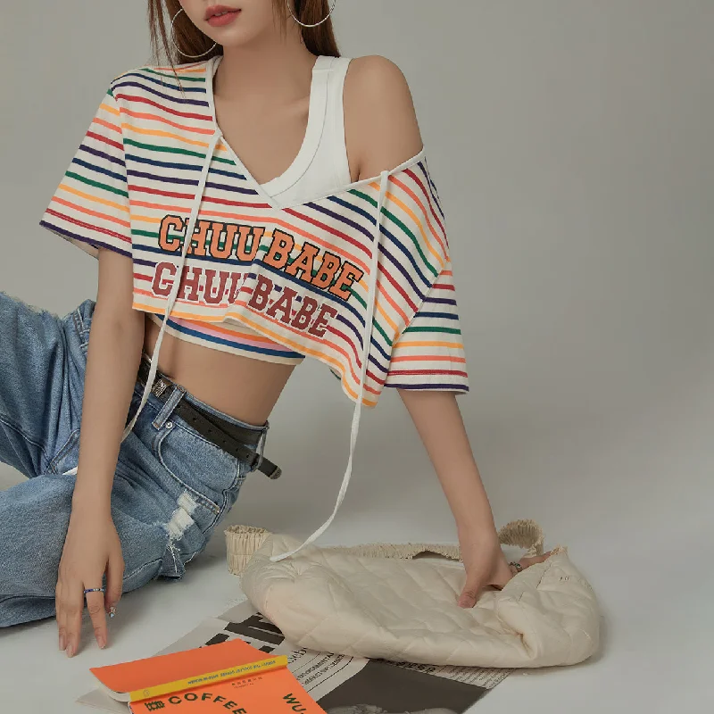 V-Neck Rainbow Stripe Loosefit T-Shirt