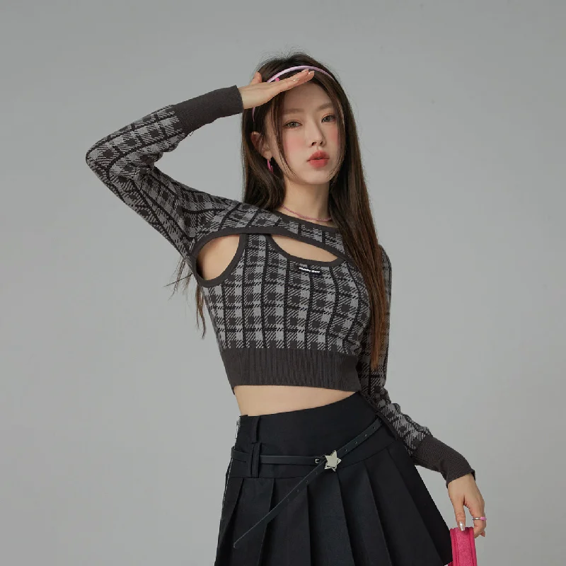 2-Layers Chest Cutout Check Knit Sweater