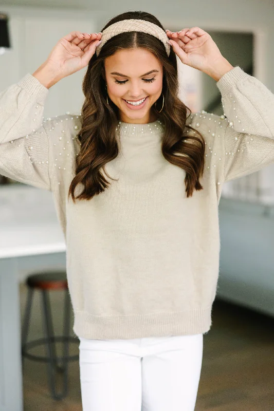 Can't Help But Love Oatmeal Brown Pearl Studded Sweater