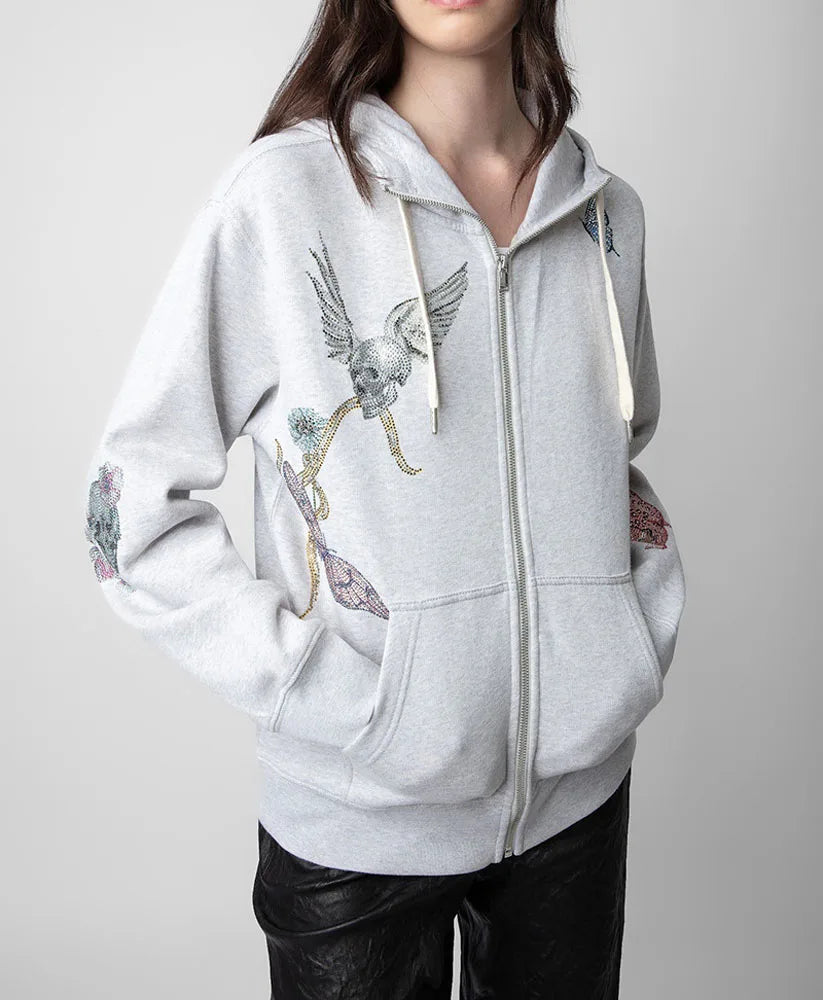 Rhinestone Sweatshirt Long Sleeve Diamond Butterfly Skull Zippered Pocket Hoody